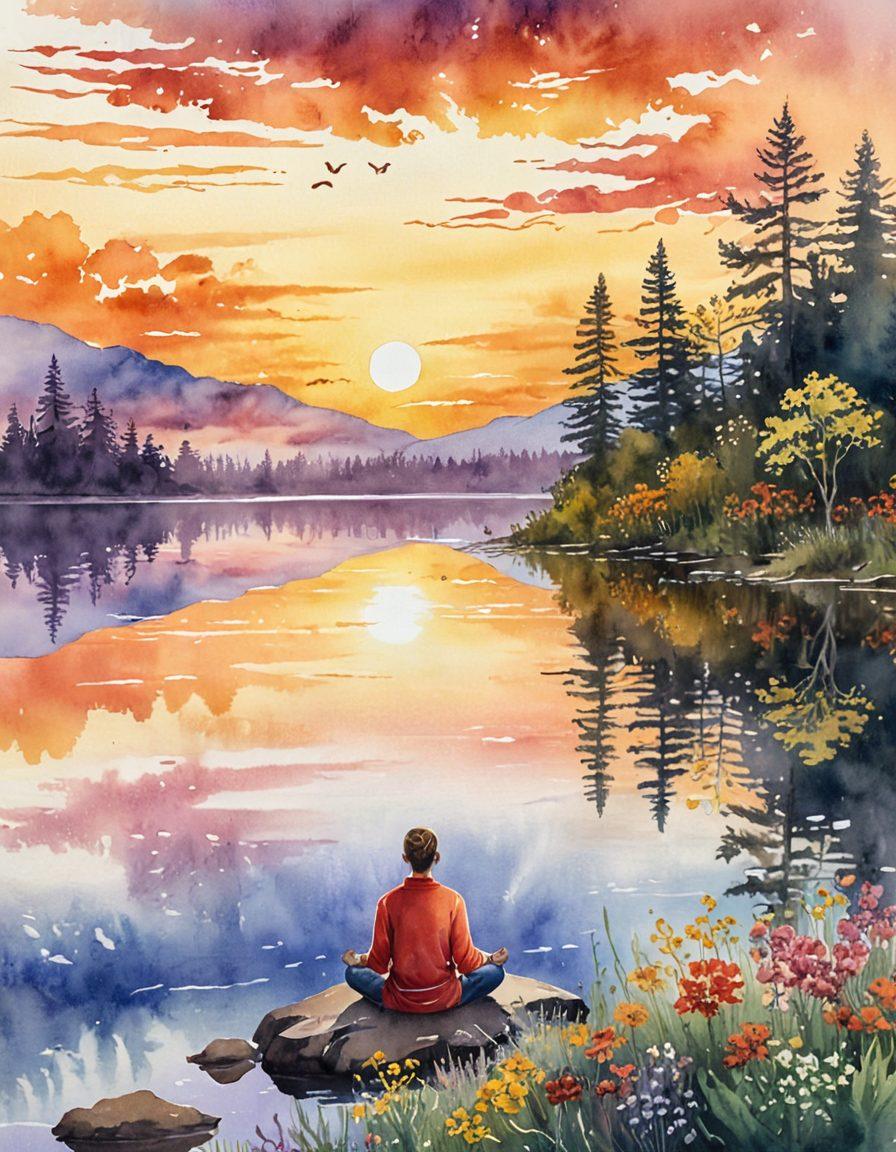 A serene landscape featuring a peaceful sunset over a calm lake, with a person meditating on the shore, surrounded by delicate flowers symbolizing gratitude. Soft rays of light illuminate the scene, emphasizing a sense of tranquility and reflection. Include subtle elements like wisps of clouds shaped like keys floating in the sky, representing the keys to emotional well-being. watercolor painting. warm colors. tranquil atmosphere.