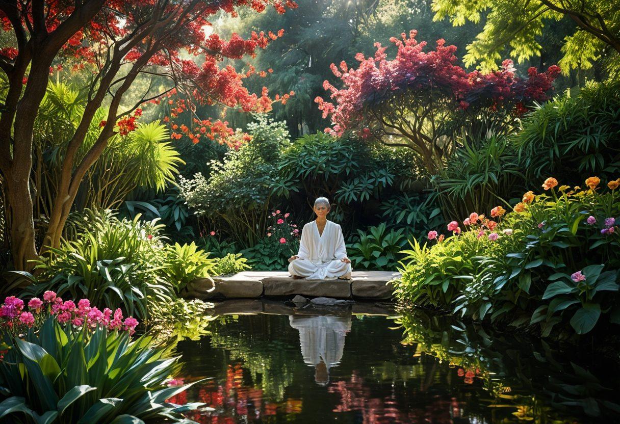 A serene scene depicting a person meditating peacefully in a lush garden filled with vibrant flowers and gentle sunlight filtering through tree leaves. In the background, soft glowing lanterns symbolize devotion, and a tranquil water feature reflects the essence of mindful living. The atmosphere exudes calmness and inner peace, inviting the viewer to embark on a spiritual journey. super-realistic. vibrant colors. ethereal lighting.