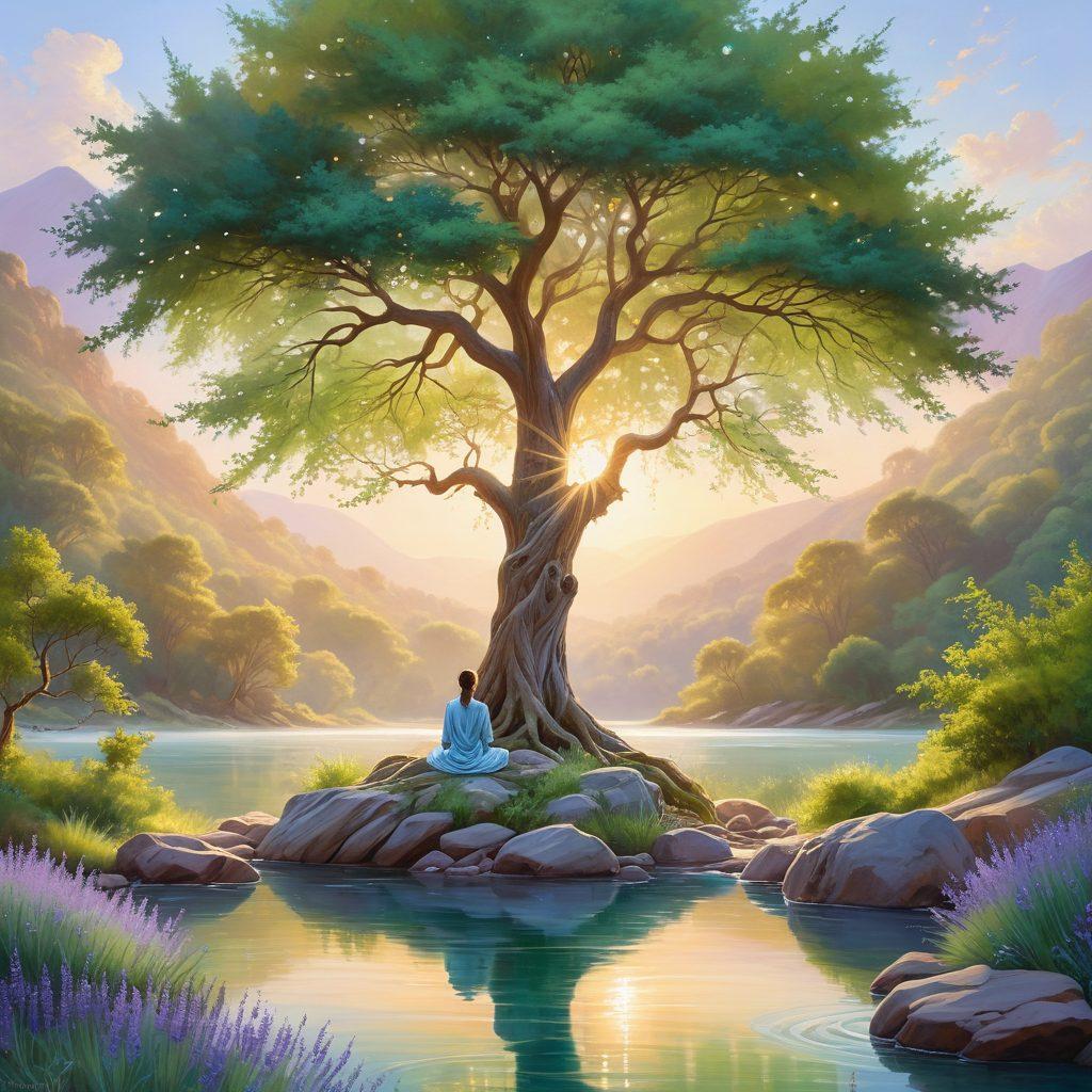 A serene scene depicting a peaceful individual meditating under a majestic tree, surrounded by soft glowing orbs symbolizing divine connection. Ethereal light filters through the leaves, creating a tranquil atmosphere filled with warmth and harmony. Incorporate elements of nature such as gentle water streams and soft rolling hills in the background. The overall color palette should be soothing with pastel shades of green, blue, and lavender. painting. vibrant colors.